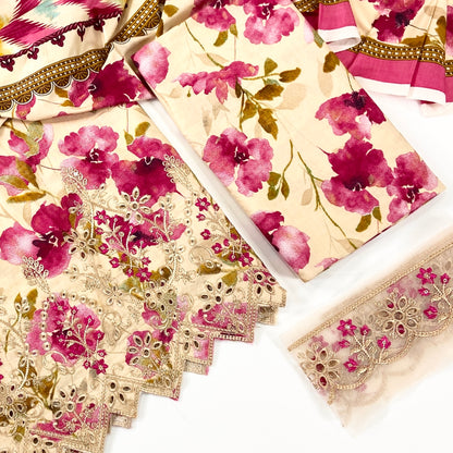 Noor Jahan Printed Linen With Embroidered Patches-3PC