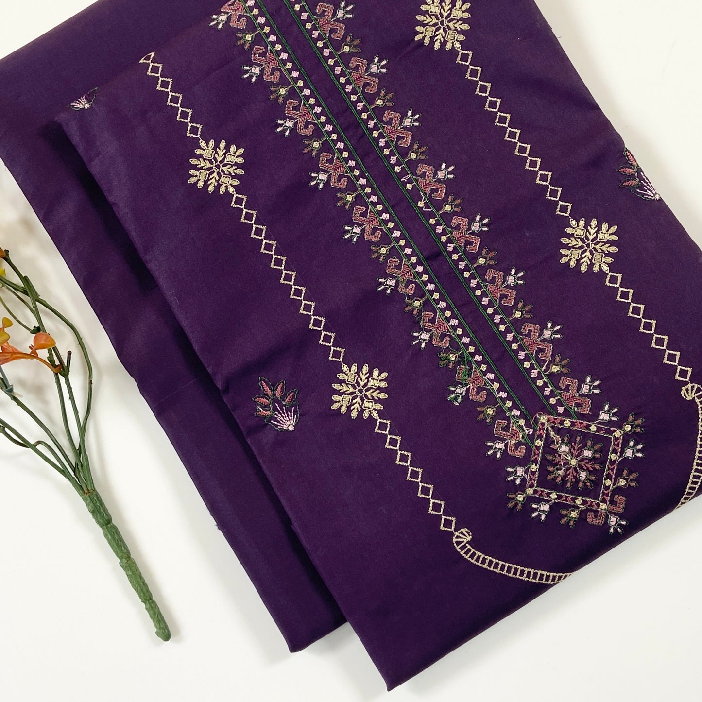 Ethnic Plain Emb Shirt & Trouser Lawn 2PC