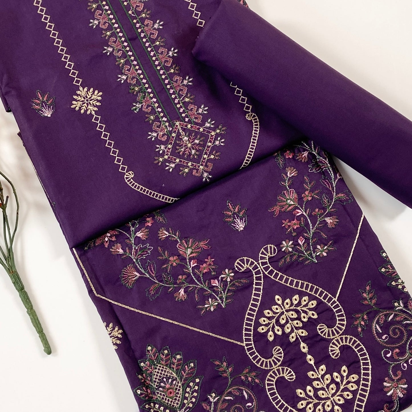 Ethnic Plain Emb Shirt & Trouser Lawn 2PC
