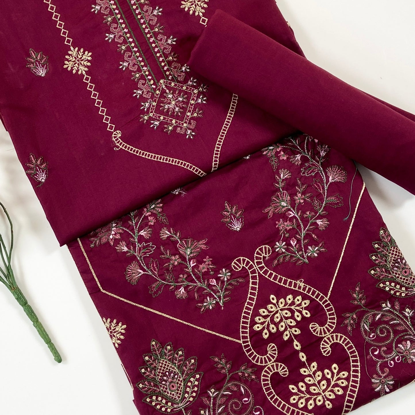 Ethnic Plain Emb Shirt & Trouser Lawn 2PC