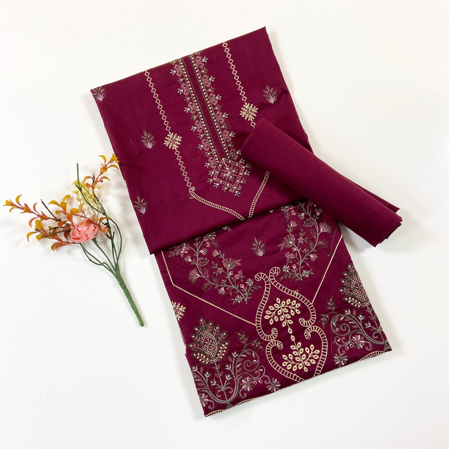Ethnic Plain Emb Shirt & Trouser Lawn 2PC