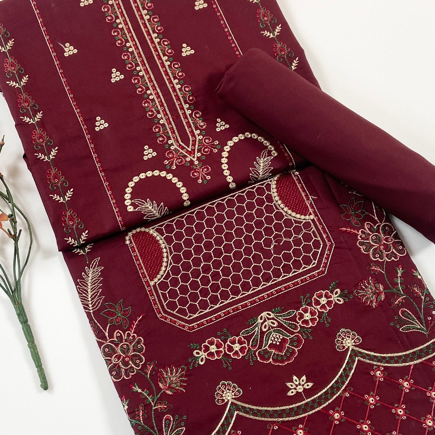Ethnic Plain Emb Shirt & Trouser Lawn 2PC