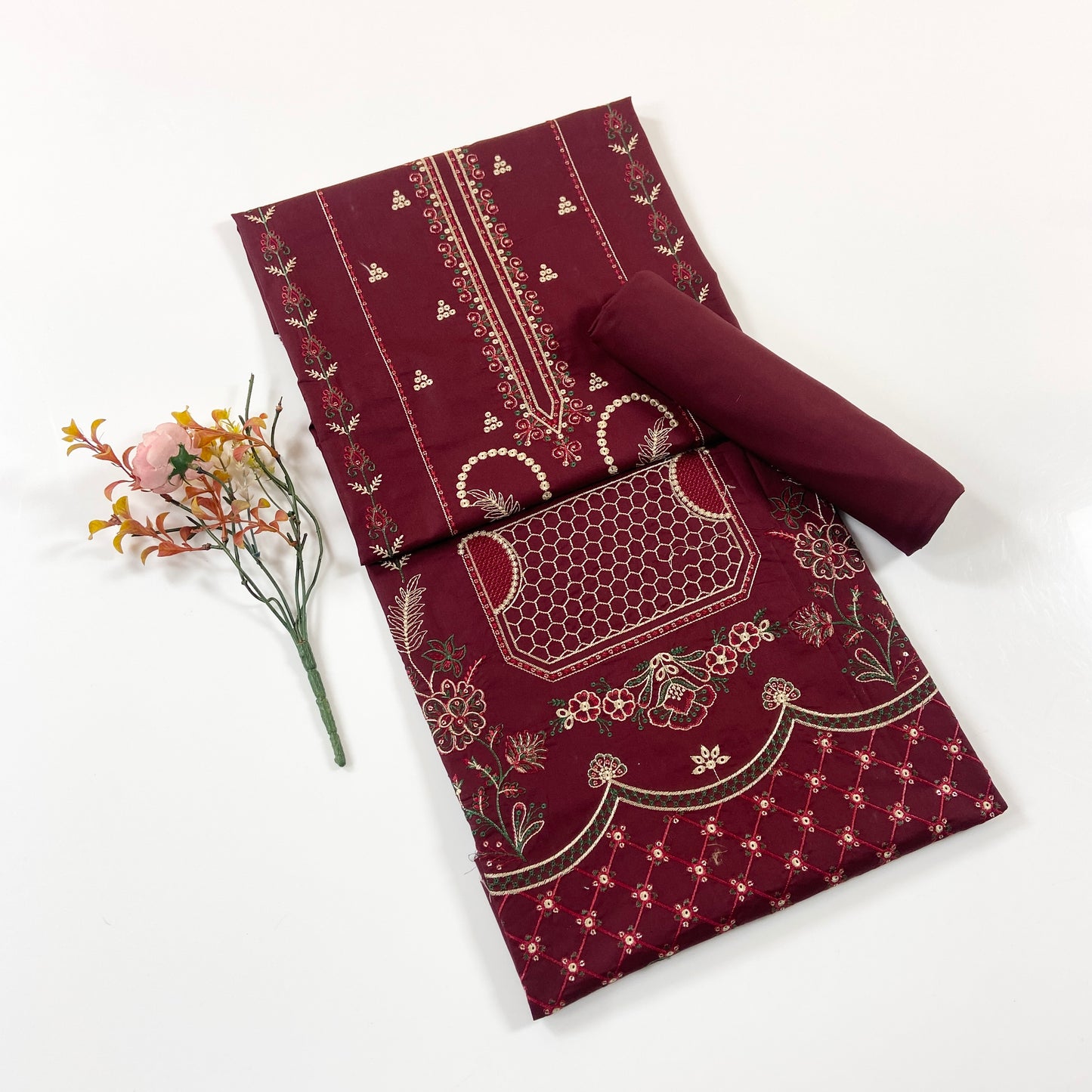 Ethnic Plain Emb Shirt & Trouser Lawn 2PC