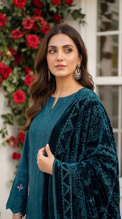 Marosh By Anaya Noor Embroidered Dhanak With Plachi Shawl 3PC