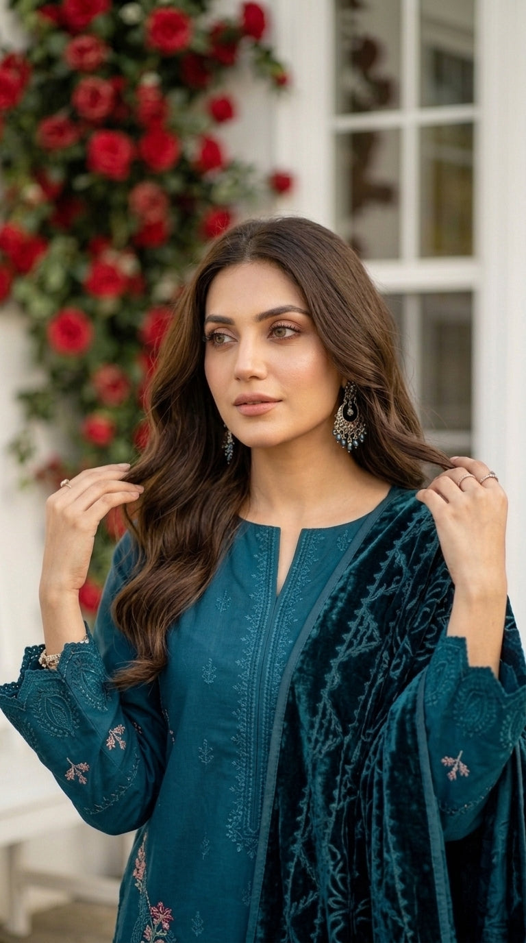 Marosh By Anaya Noor Embroidered Dhanak With Plachi Shawl 3PC