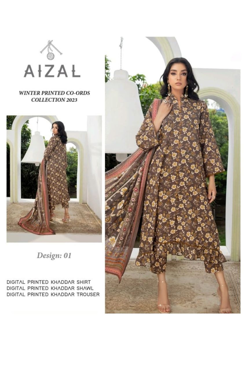 Aizal Printed Khaddar Unstitched WInter Collection 2023