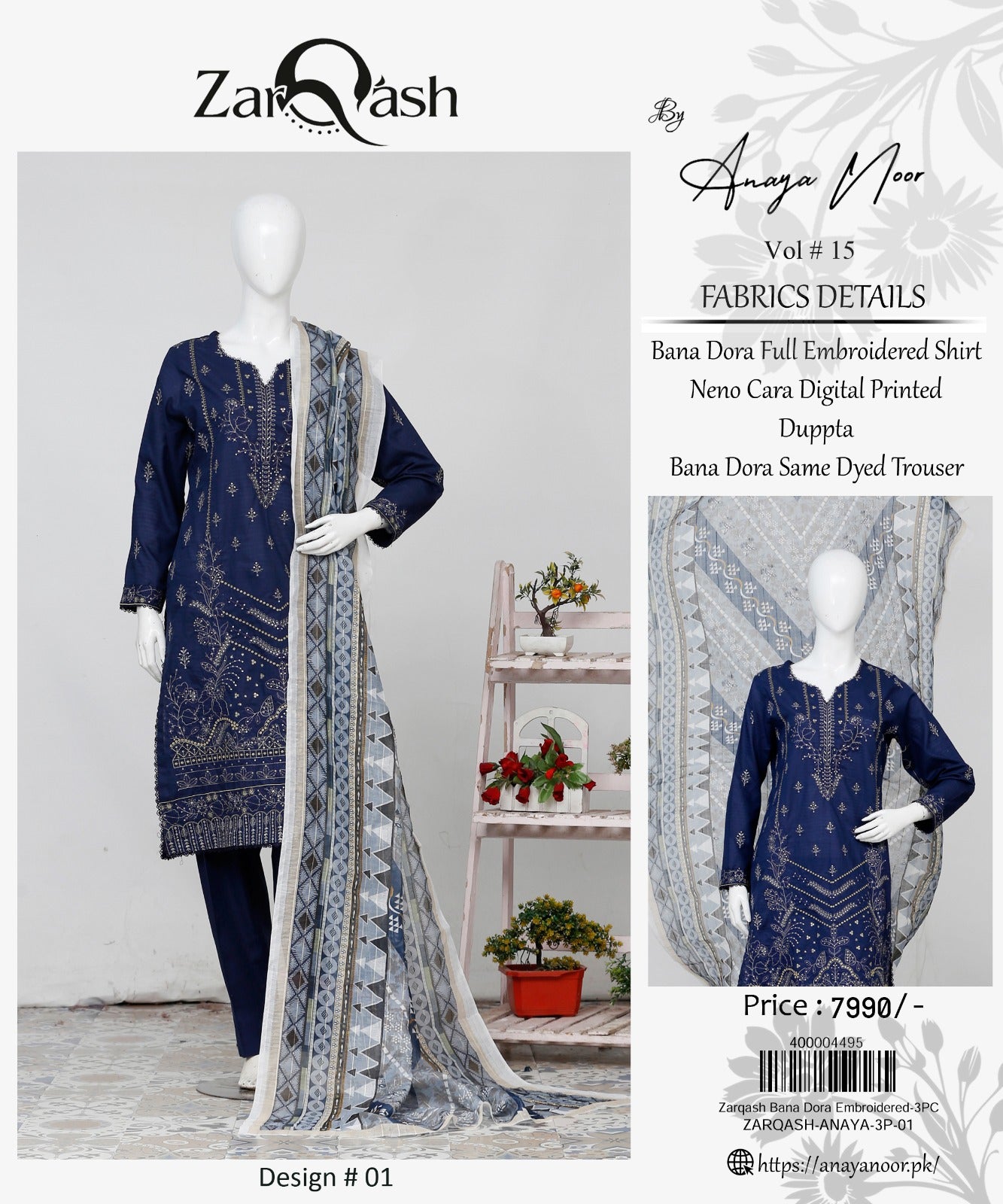 Zarqash By Anaya Noor Bana Dora Emb 3-PC