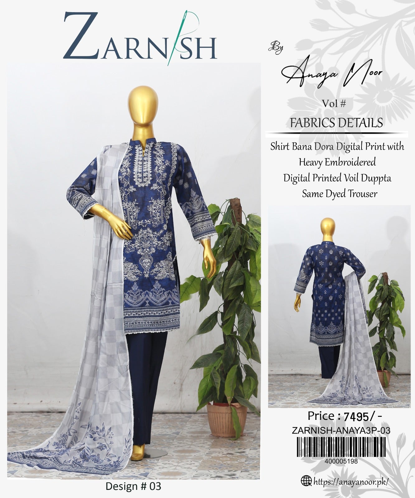 Zarnish By Anaya Noor Heavy Emb Lawn 3PC