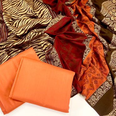 Linen Shirt And Trouser With Fancy Wool Jacquard Shawl 3PC