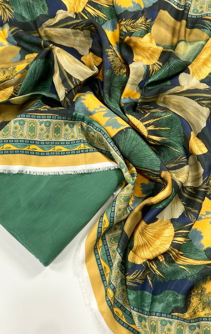 Maria B Jacq Linen Dyed Matching Suit With Wool Shawl-3PC