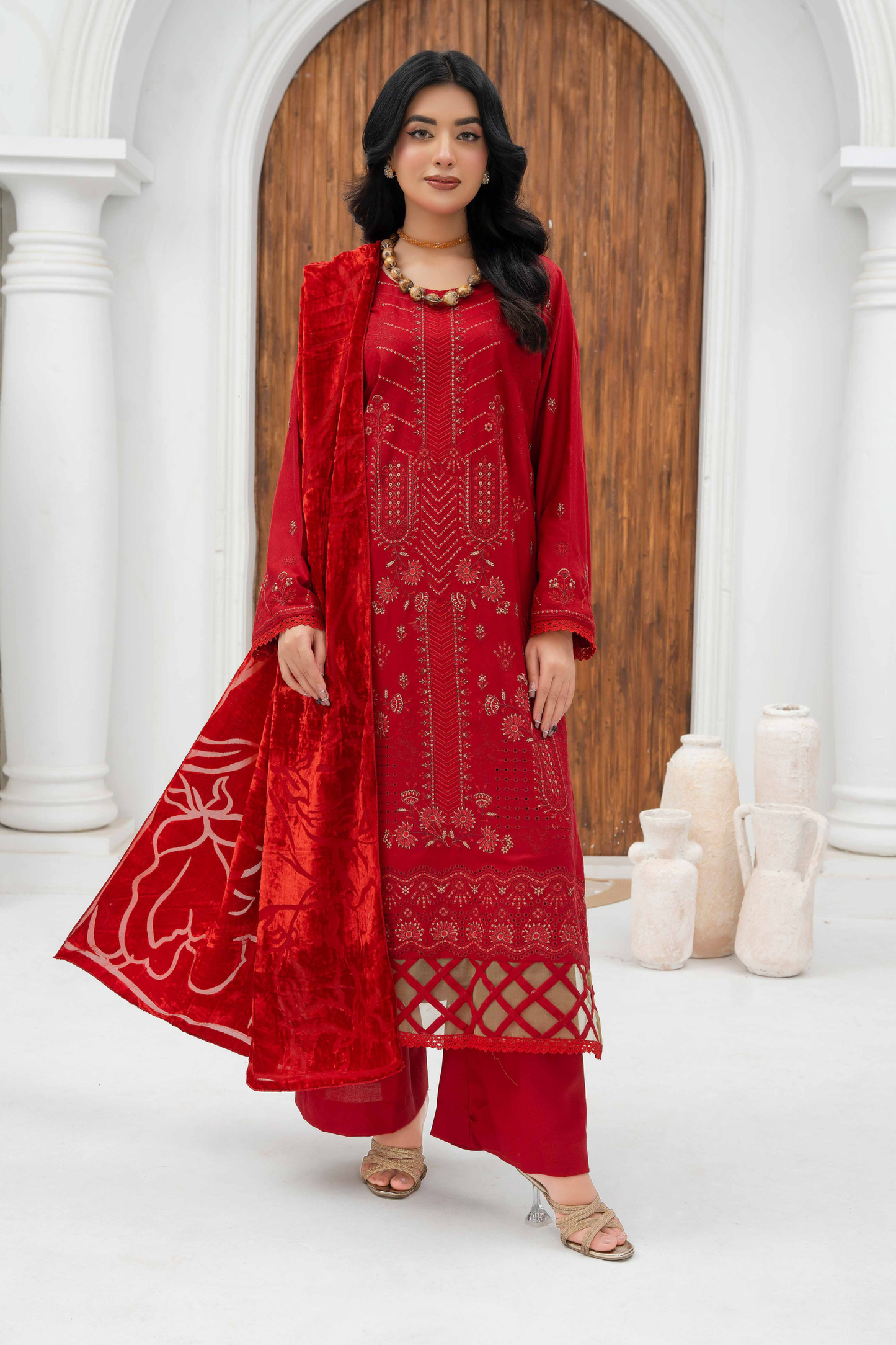 Rajwan Emb Dhanak with Plachi Shawl 3PC