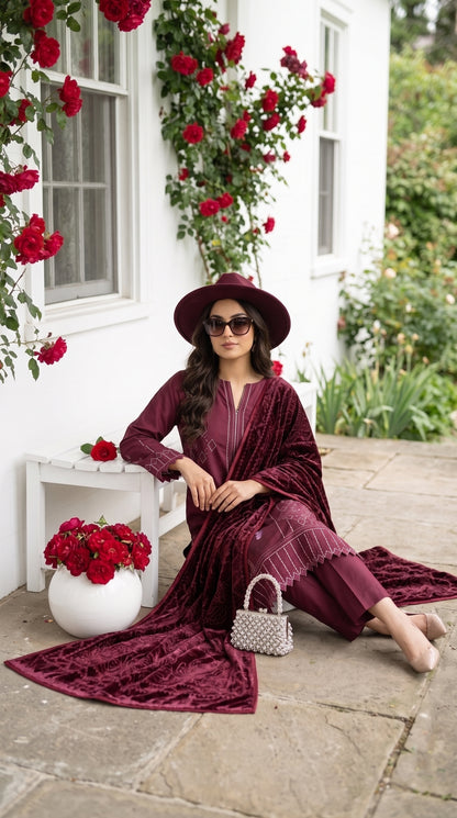Marosh By Anaya Noor Embroidered Dhanak With Plachi Shawl 3PC