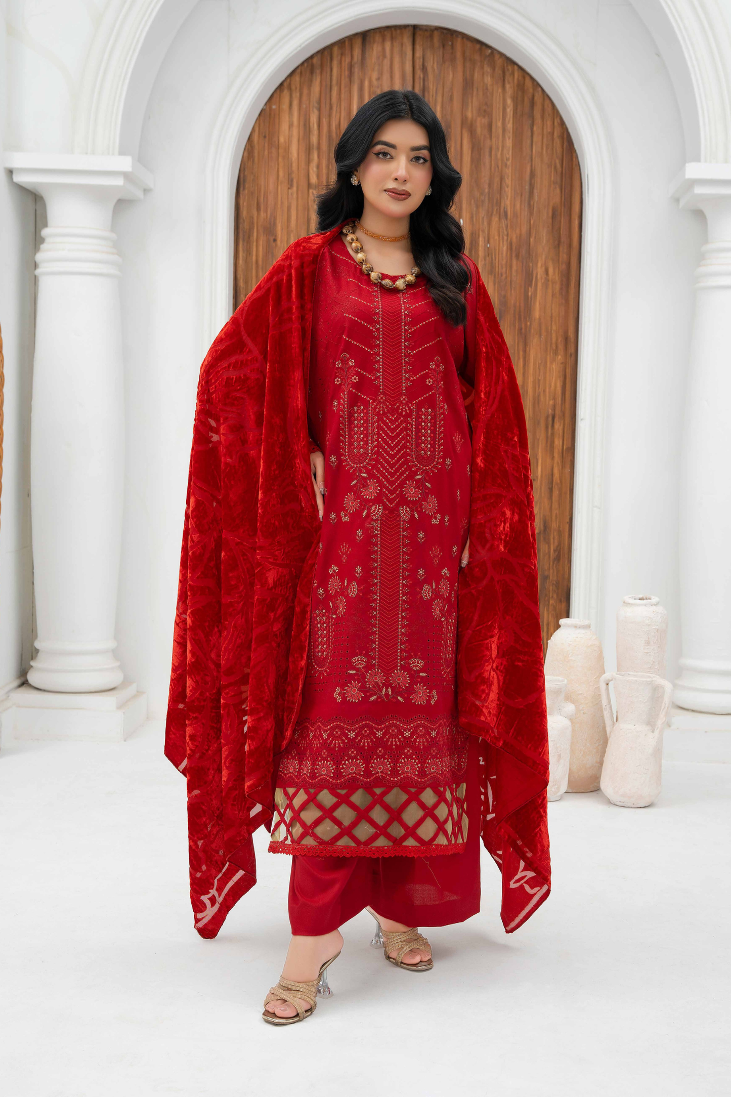 Rajwan Emb Dhanak with Plachi Shawl 3PC