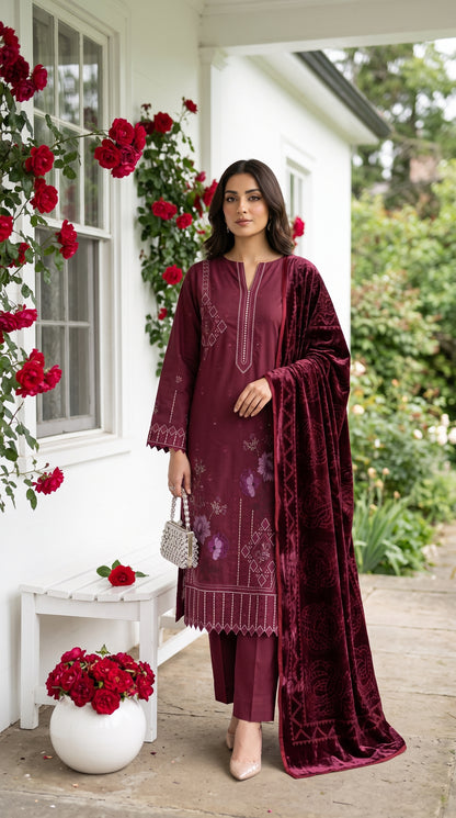 Marosh By Anaya Noor Embroidered Dhanak With Plachi Shawl 3PC