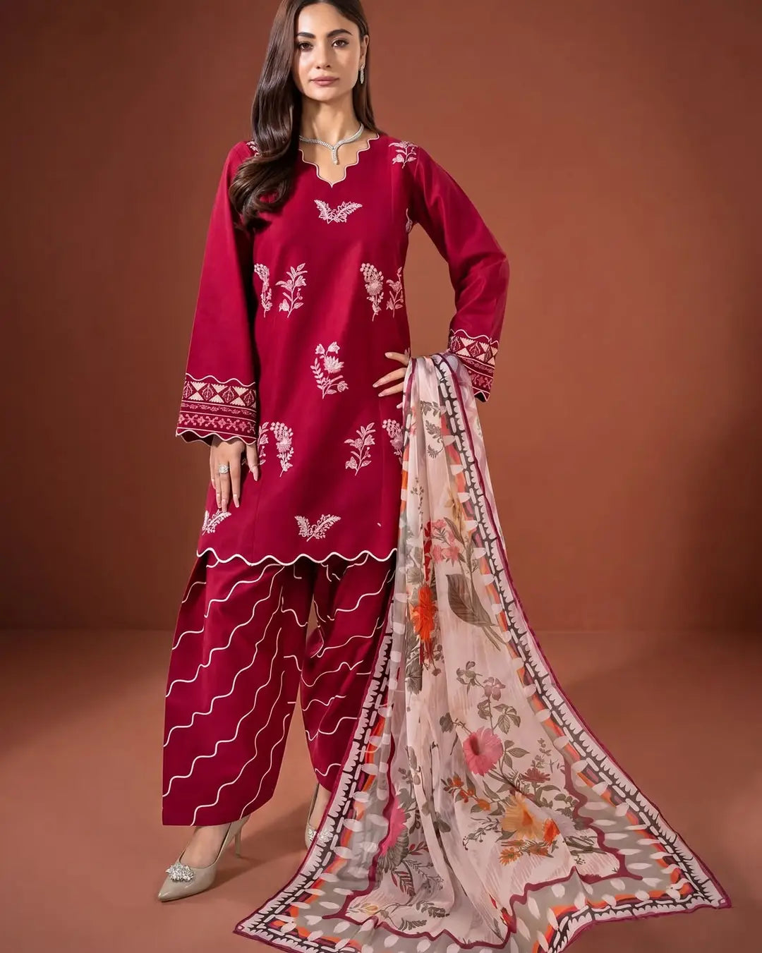 Rangrez Plain Embroidered Dhanak 3PC