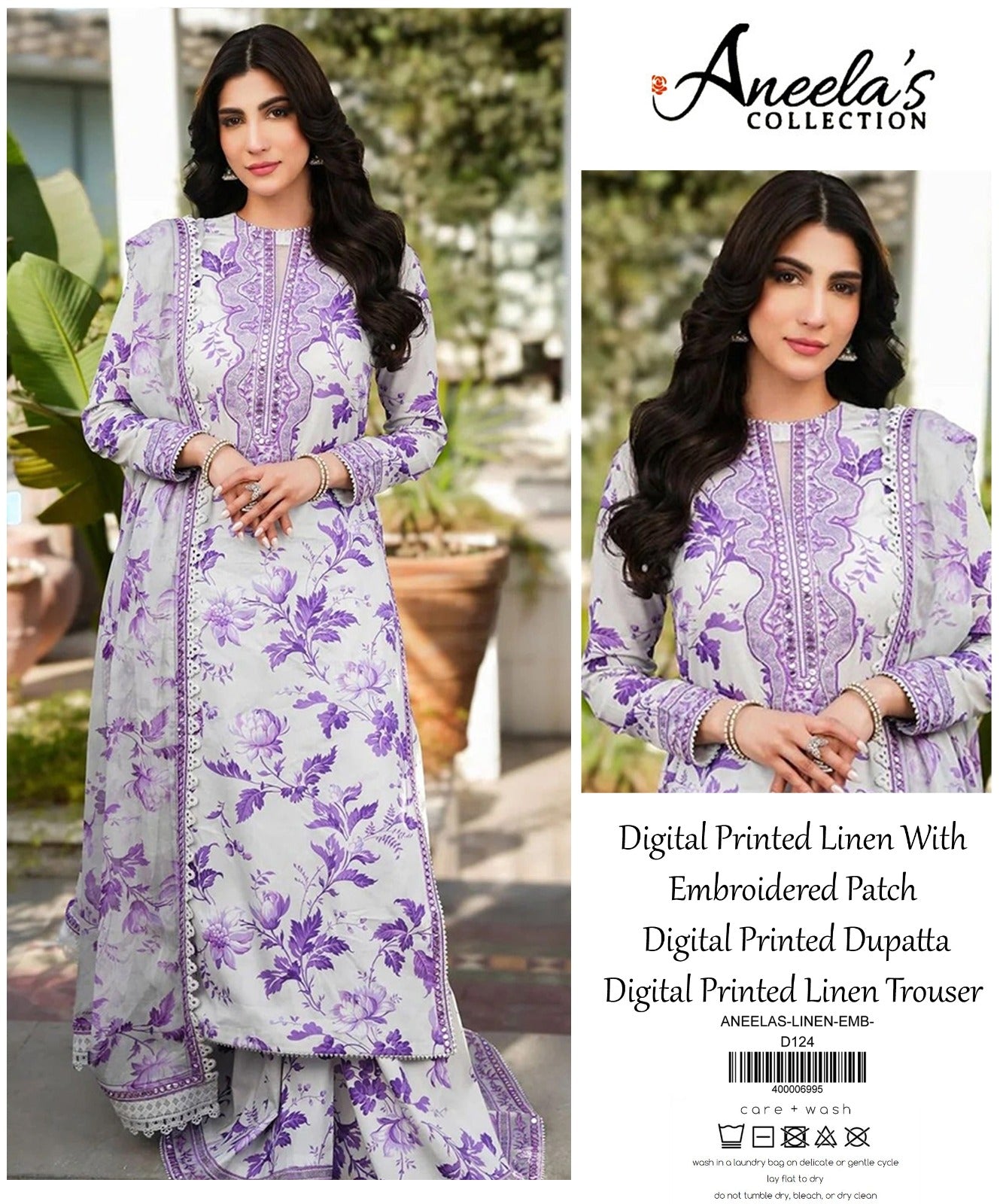 Aneelas Printed Linen With Emb  Patches 3PC