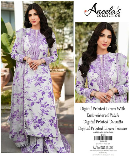 Aneelas Printed Linen With Emb  Patches 3PC