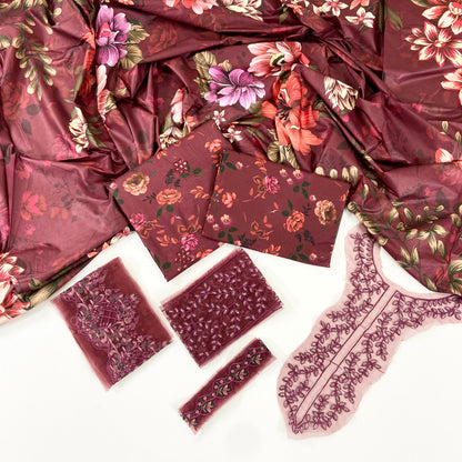Iznik Printed Linen With Embroidered Patches-3PC