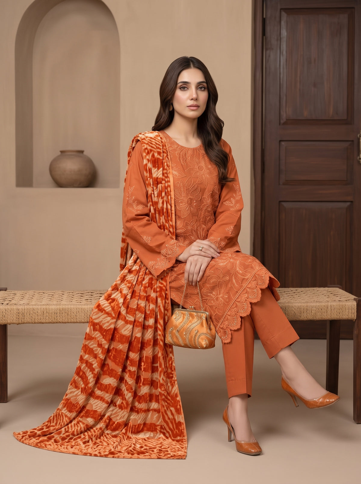 Luxuria By Anaya Noor Heavy Emb Dhanak With Plachi Shawl 3PC