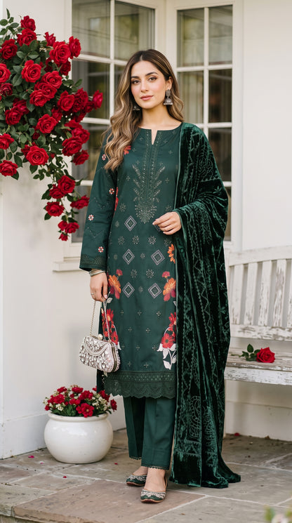 Marosh By Anaya Noor Embroidered Dhanak With Plachi Shawl 3PC