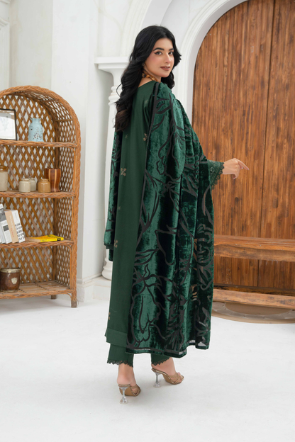 Rajwan Emb Dhanak with Plachi Shawl 3PC