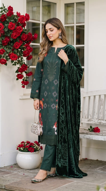 Marosh By Anaya Noor Embroidered Dhanak With Plachi Shawl 3PC