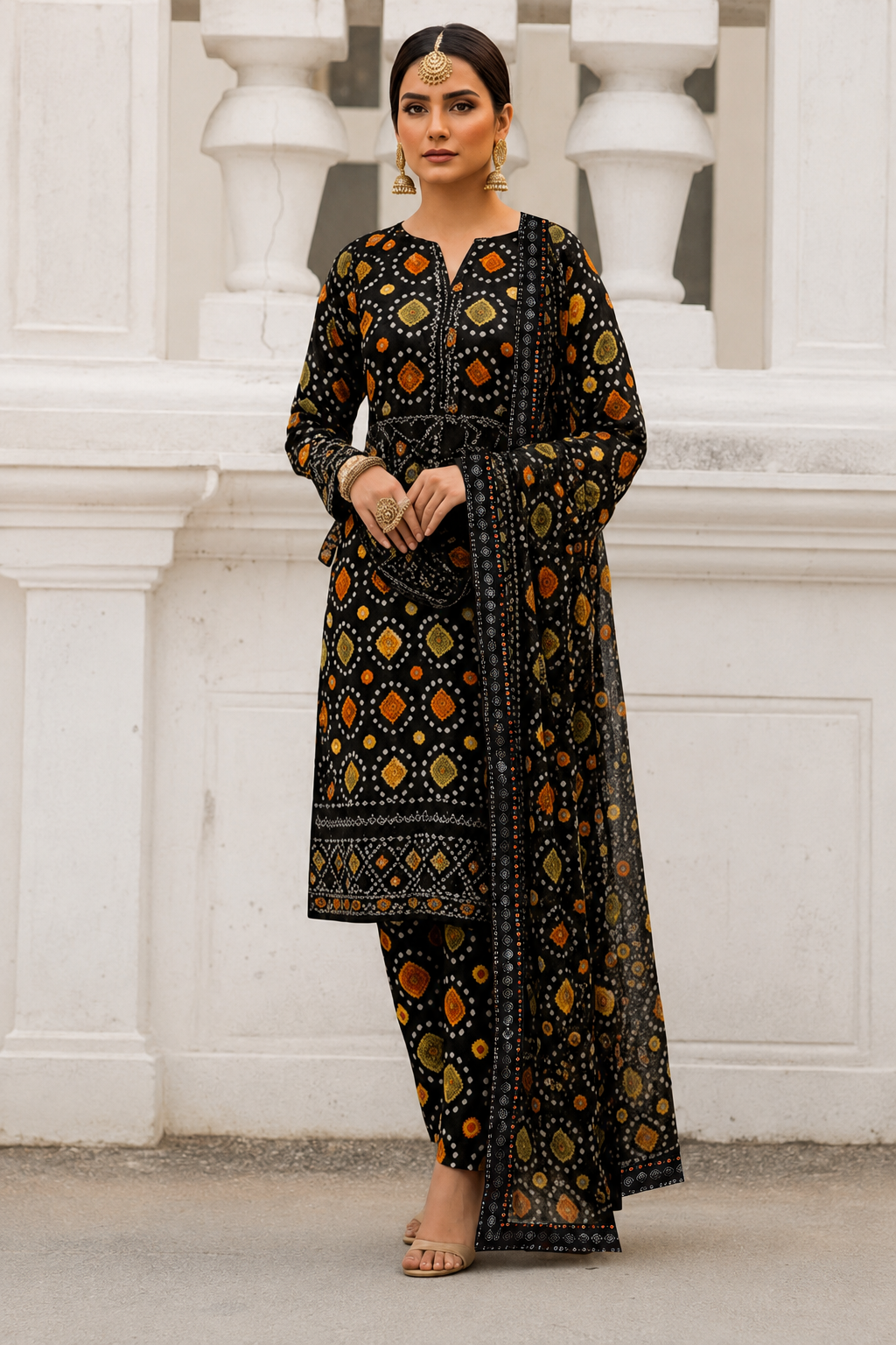 Aneelas Embroiderd & Digital Printed Lawn With Patches 3PC