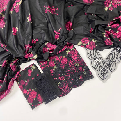 Baroque Printed Linen With Embroidered Patches-3PC