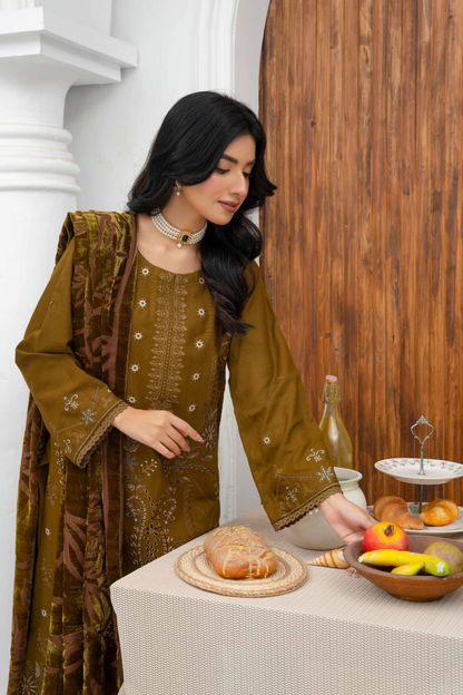 Rajwan Emb Dhanak with Plachi Shawl 3PC