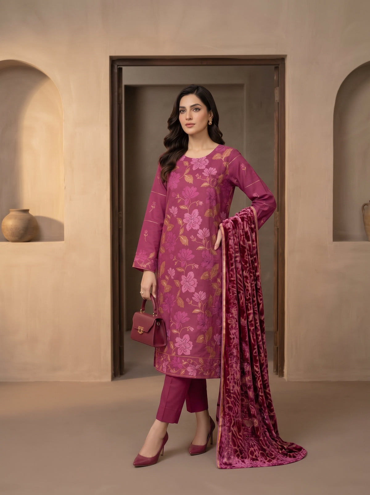 Luxuria By Anaya Noor Heavy Emb Dhanak With Plachi Shawl 3PC