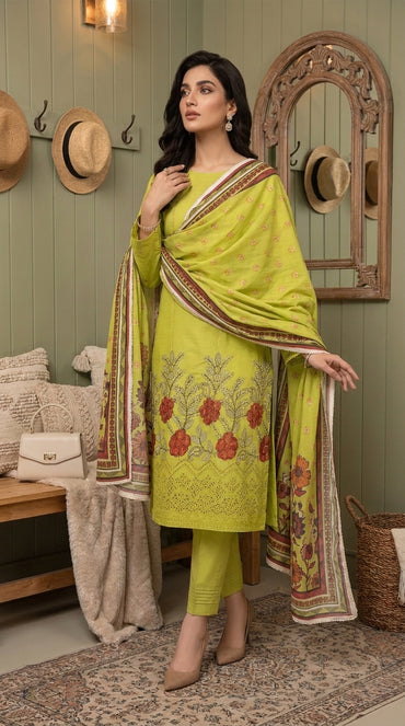 Hurab By Anaya Noor Heavy Emb Viscose With Print Cotray Shawl 3PC