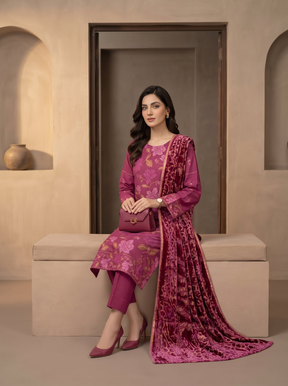 Luxuria By Anaya Noor Heavy Emb Dhanak With Plachi Shawl 3PC
