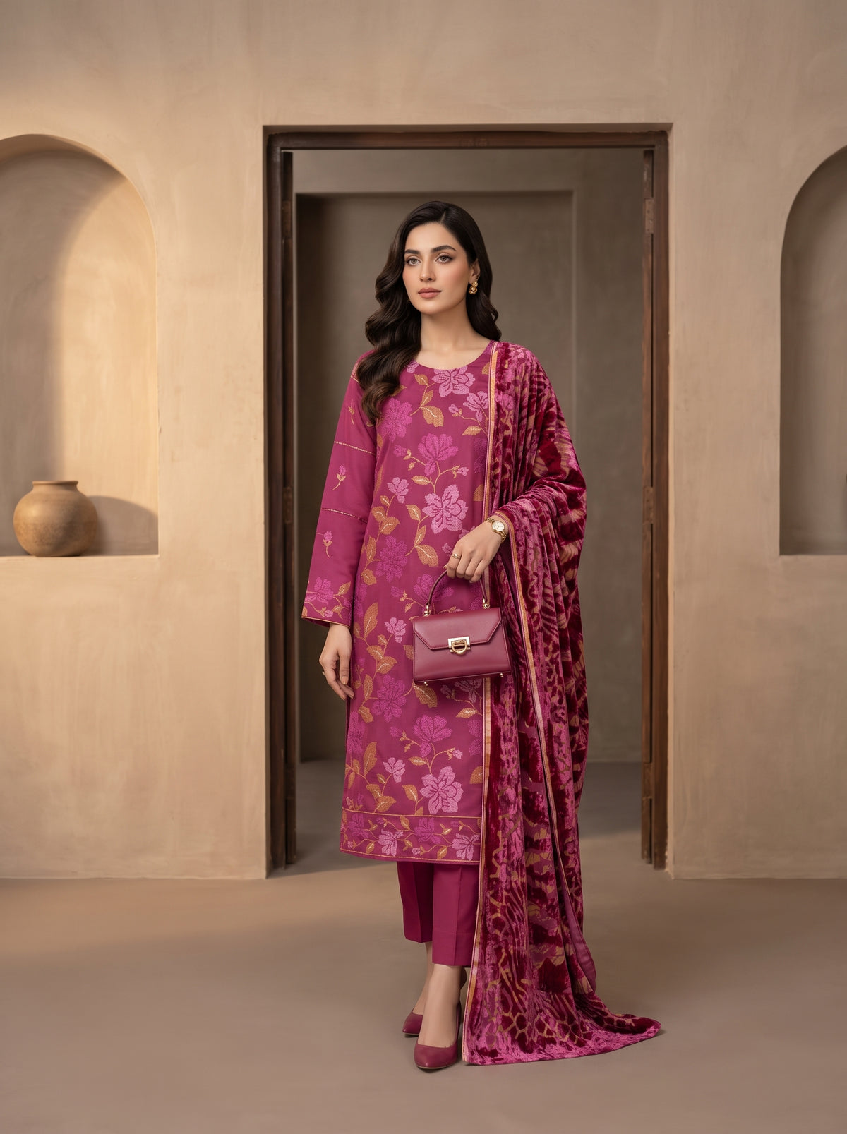 Luxuria By Anaya Noor Heavy Emb Dhanak With Plachi Shawl 3PC