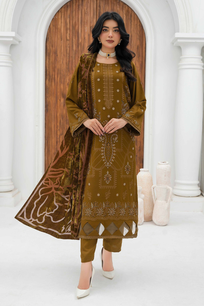 Rajwan Emb Dhanak with Plachi Shawl 3PC