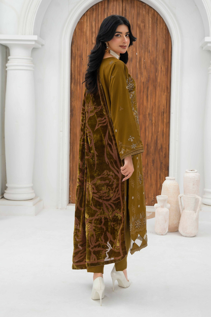 Rajwan Emb Dhanak with Plachi Shawl 3PC