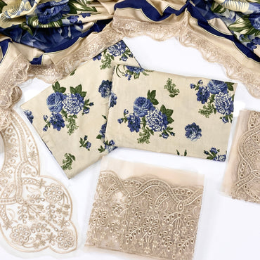 Baroque Printed Linen With Embroidered Patches-3PC