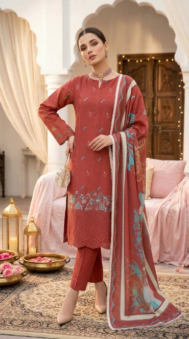 Hurab By Anaya Noor Heavy Emb Viscose With Print Cotray Shawl 3PC