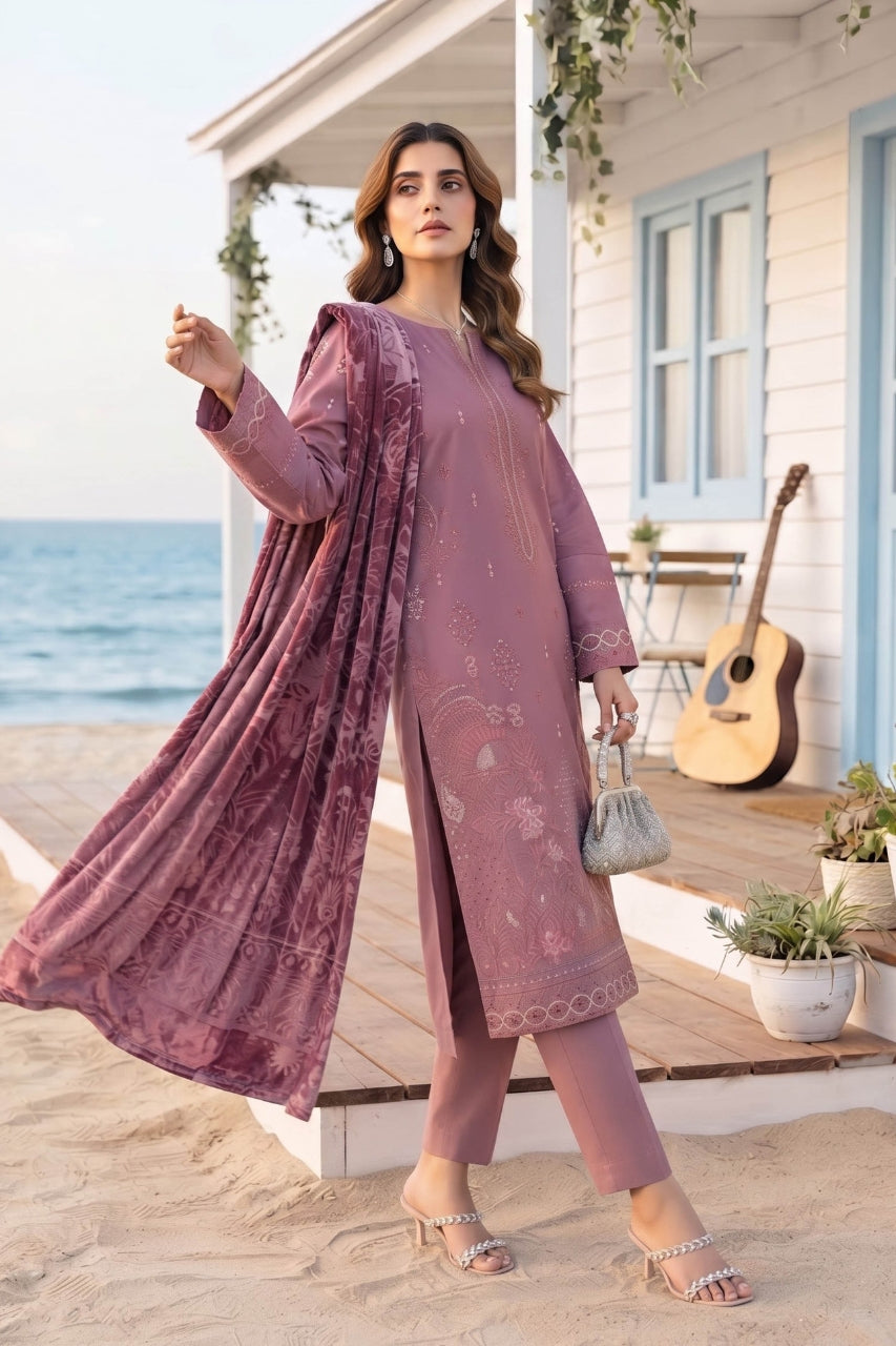 Khoshbo Sa By Anaya Noor Full Emb Dhanak With Plachi Shawl 3PC