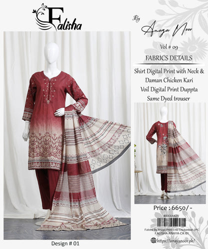 Falisha By Anaya Noor Print Emb Chickenkari 3-PC