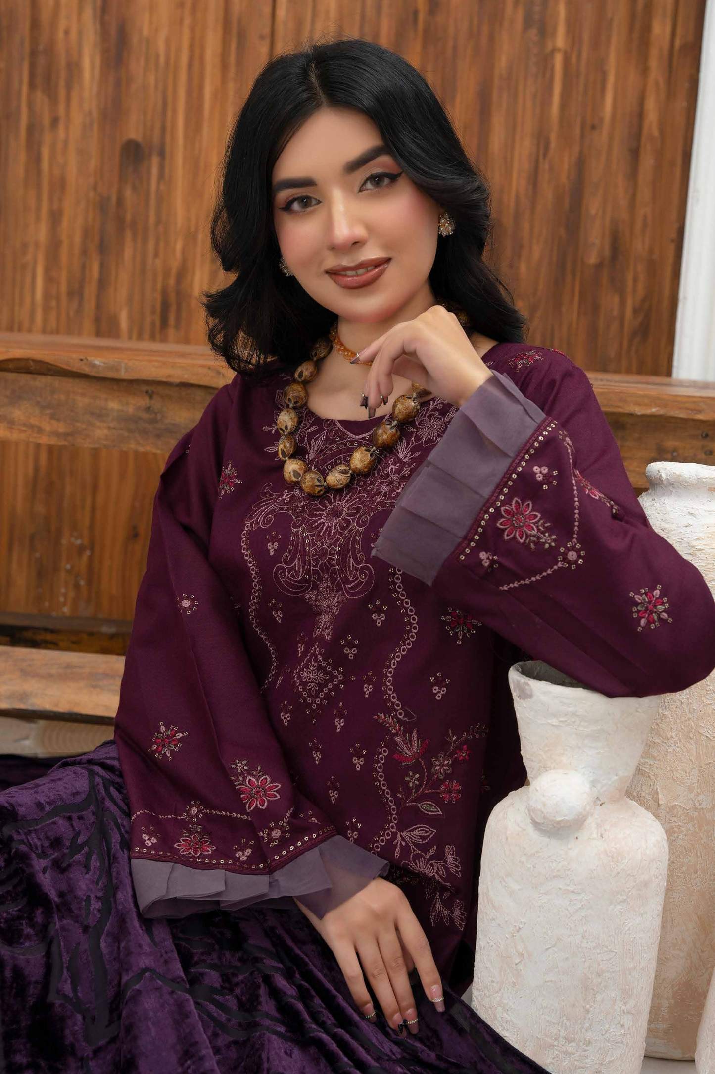 Rajwan Emb Dhanak with Plachi Shawl 3PC
