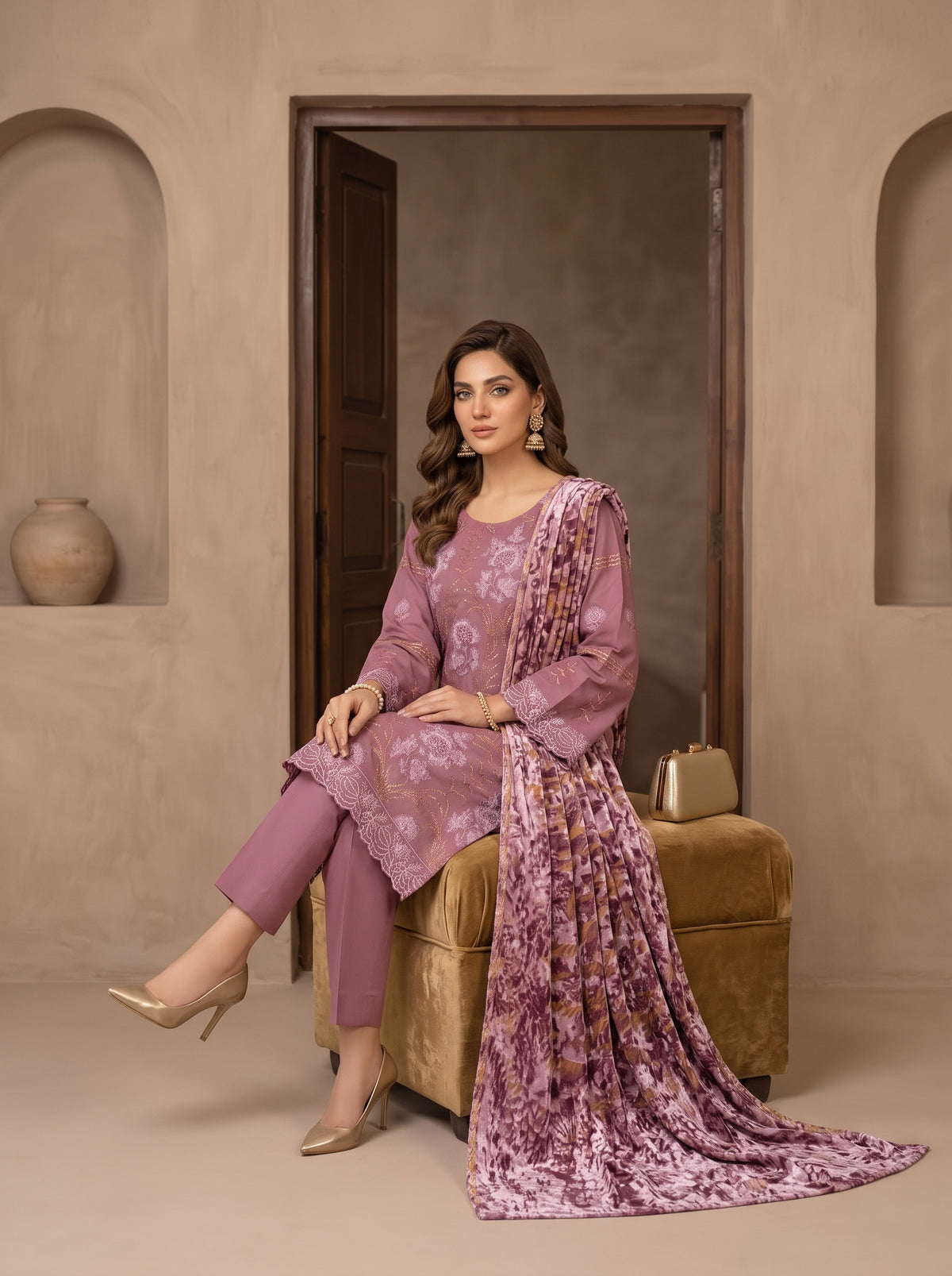 Luxuria By Anaya Noor Heavy Emb Dhanak With Plachi Shawl 3PC
