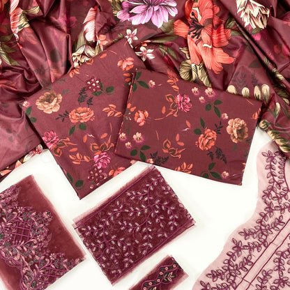 Iznik Printed Linen With Embroidered Patches-3PC