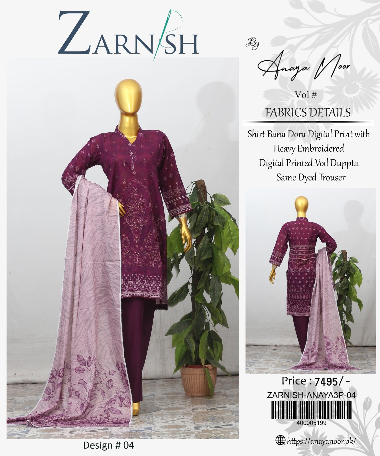 Zarnish By Anaya Noor Heavy Emb Lawn 3PC