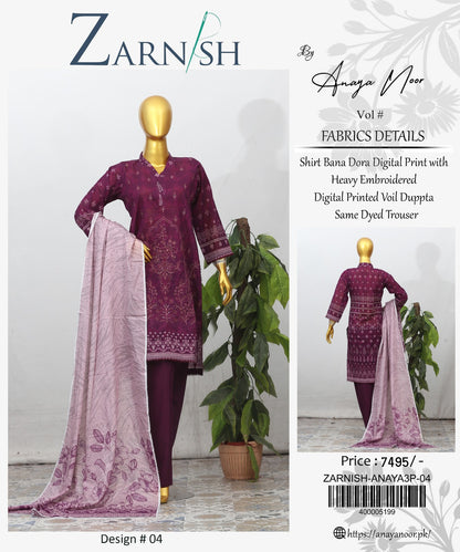 Zarnish By Anaya Noor Heavy Emb Lawn 3PC