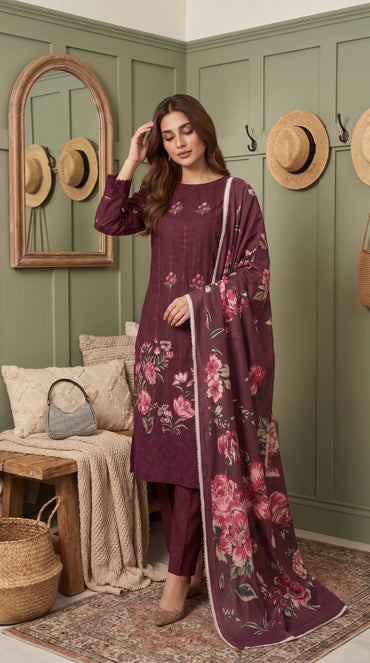 Hurab By Anaya Noor Heavy Emb Viscose With Print Cotray Shawl 3PC