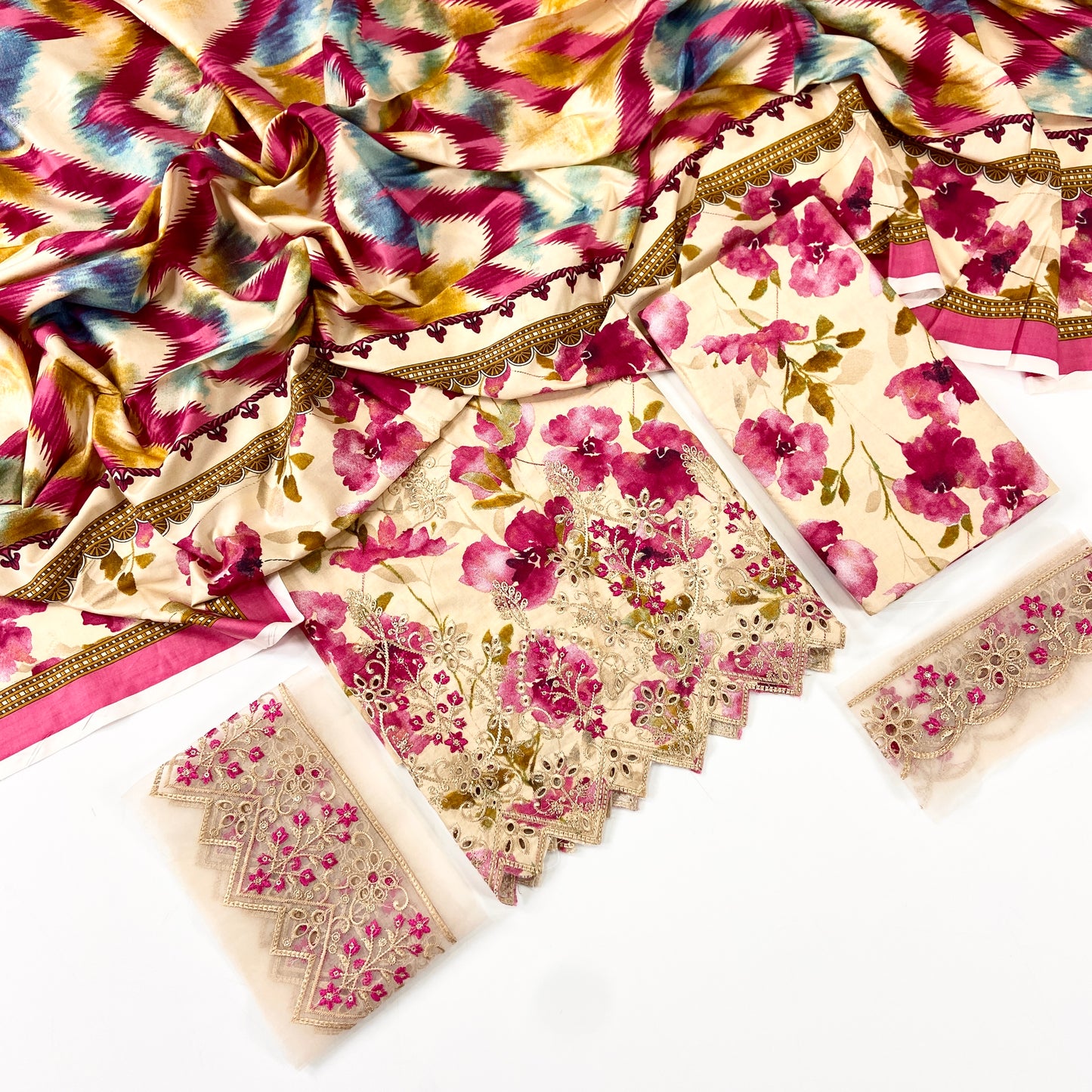 Noor Jahan Printed Linen With Embroidered Patches-3PC