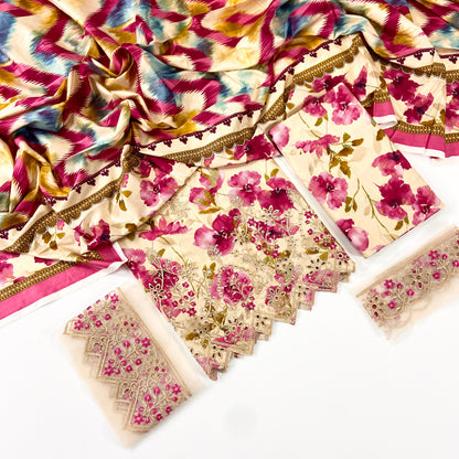 Noor Jahan Printed Linen With Embroidered Patches-3PC