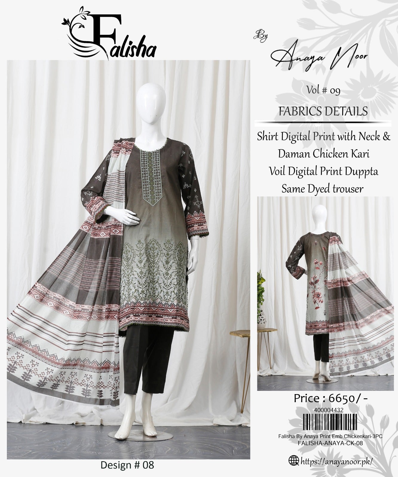 Falisha By Anaya Noor Print Emb Chickenkari 3-PC