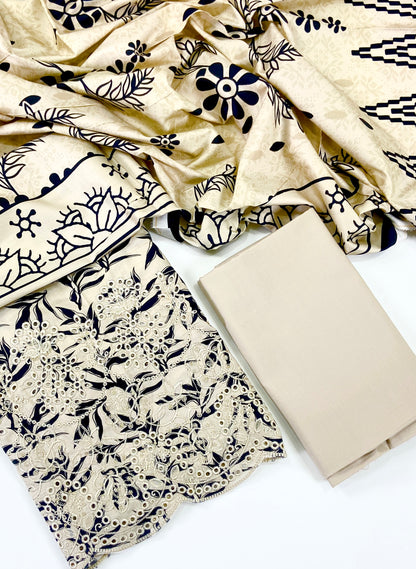 Ethnic Chickenkari Daman Linen 3PC
