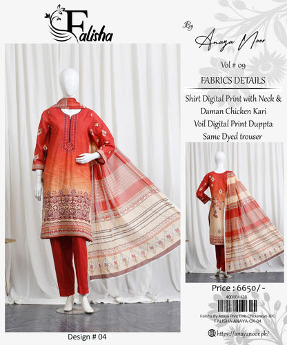 Falisha By Anaya Noor Print Emb Chickenkari 3-PC